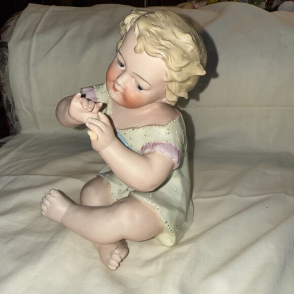 Antique Bisque Flute Baby Statue Porcelain Conta Boehme 8x5” BROKEN PINKY FINGER - Picture 6 of 15